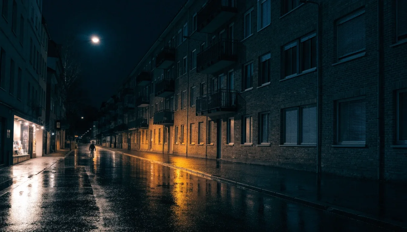 Nächtliche Straße in einer deutschen Stadt mit nassen Fahrbahnen und Schaufensterlicht