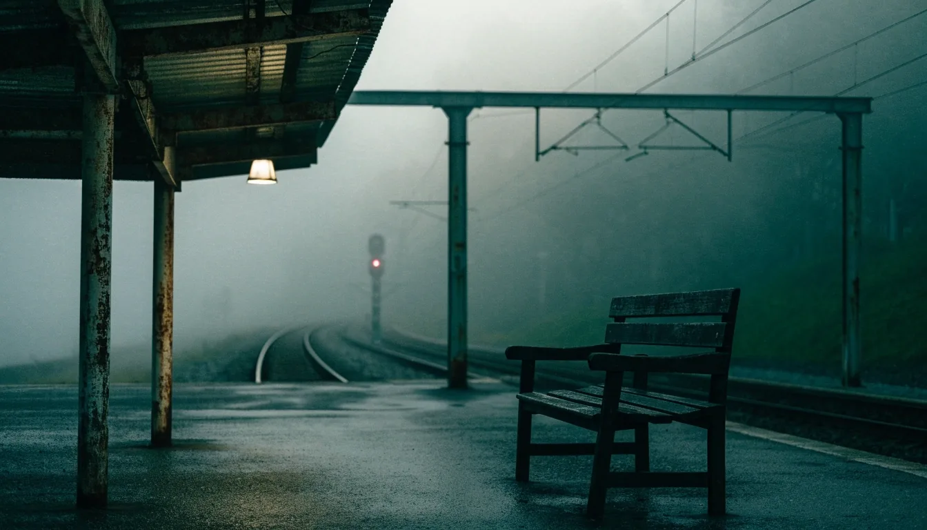 Früher Bahnsteig am Morgen außerhalb einer deutschen Stadt, leerer Bahnsteig im Nebel