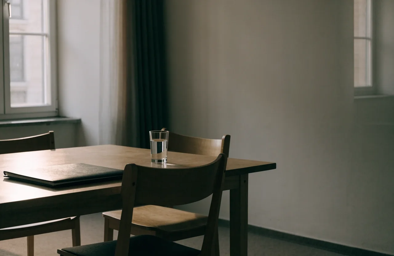 Ruhige Ecke eines Redaktionsbüros mit Tisch, zwei Stühlen und geschlossenem Ordner