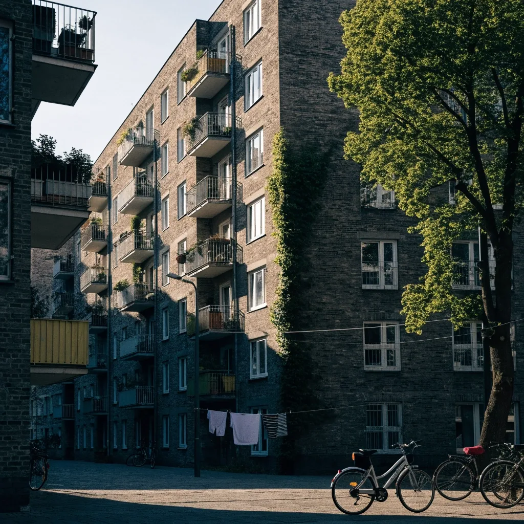 Innenhof eines Berliner Wohnblocks mit Balkonen, Fahrrädern und einem Hofbaum am späten Nachmittag