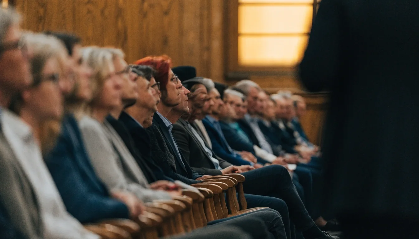 Öffentliche Diskussionsveranstaltung in einem Saal mit Publikum und Rednerpult von hinten gesehen