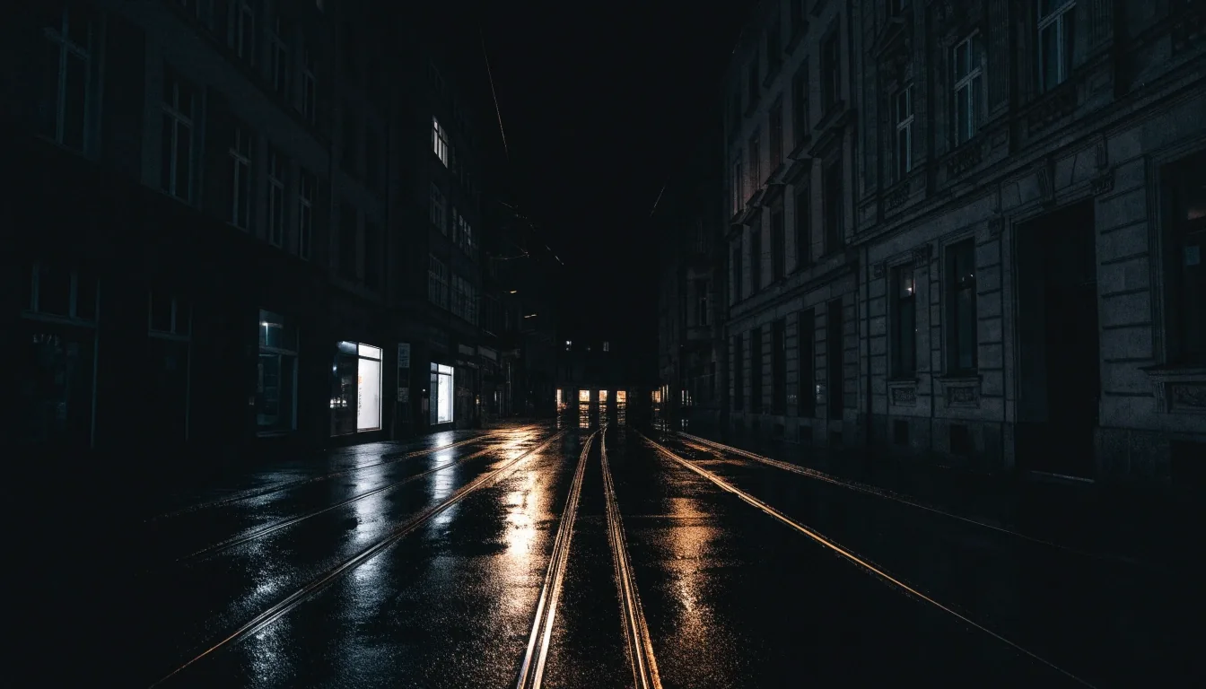 Regennasse Frankfurter Straße bei Nacht, Fassaden und Schaufensterlicht aus der Entfernung