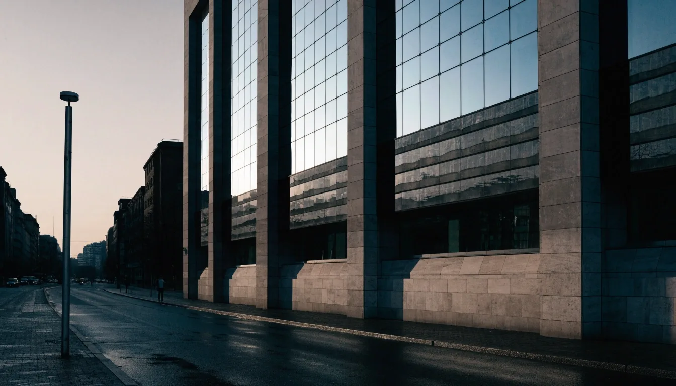 Frankfurter Geschäftsstraße mit Bankfassade im kalten Nachmittagslicht
