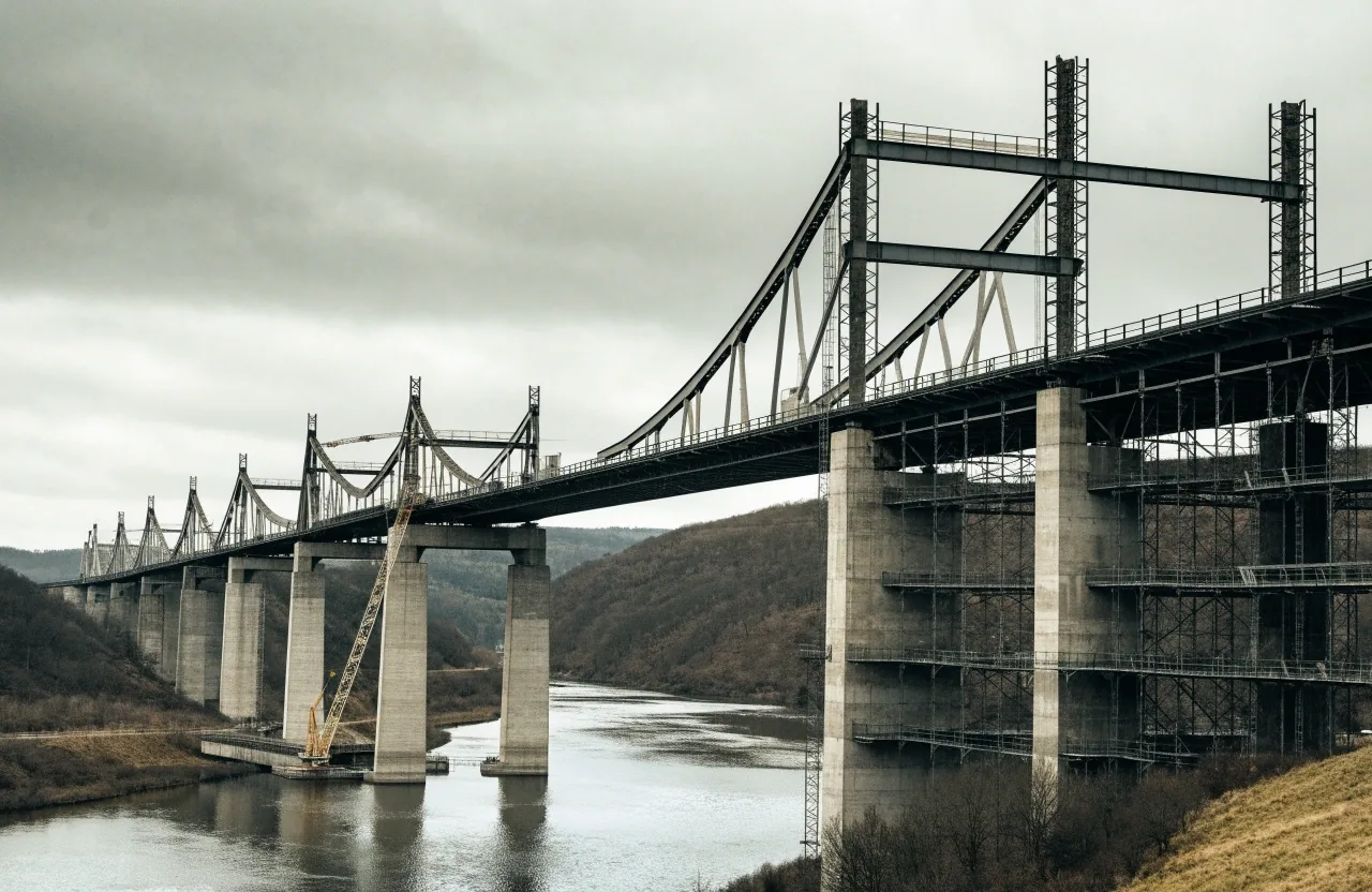 Halbfertige Brücke mit unfertigem Überbau im flachen Licht