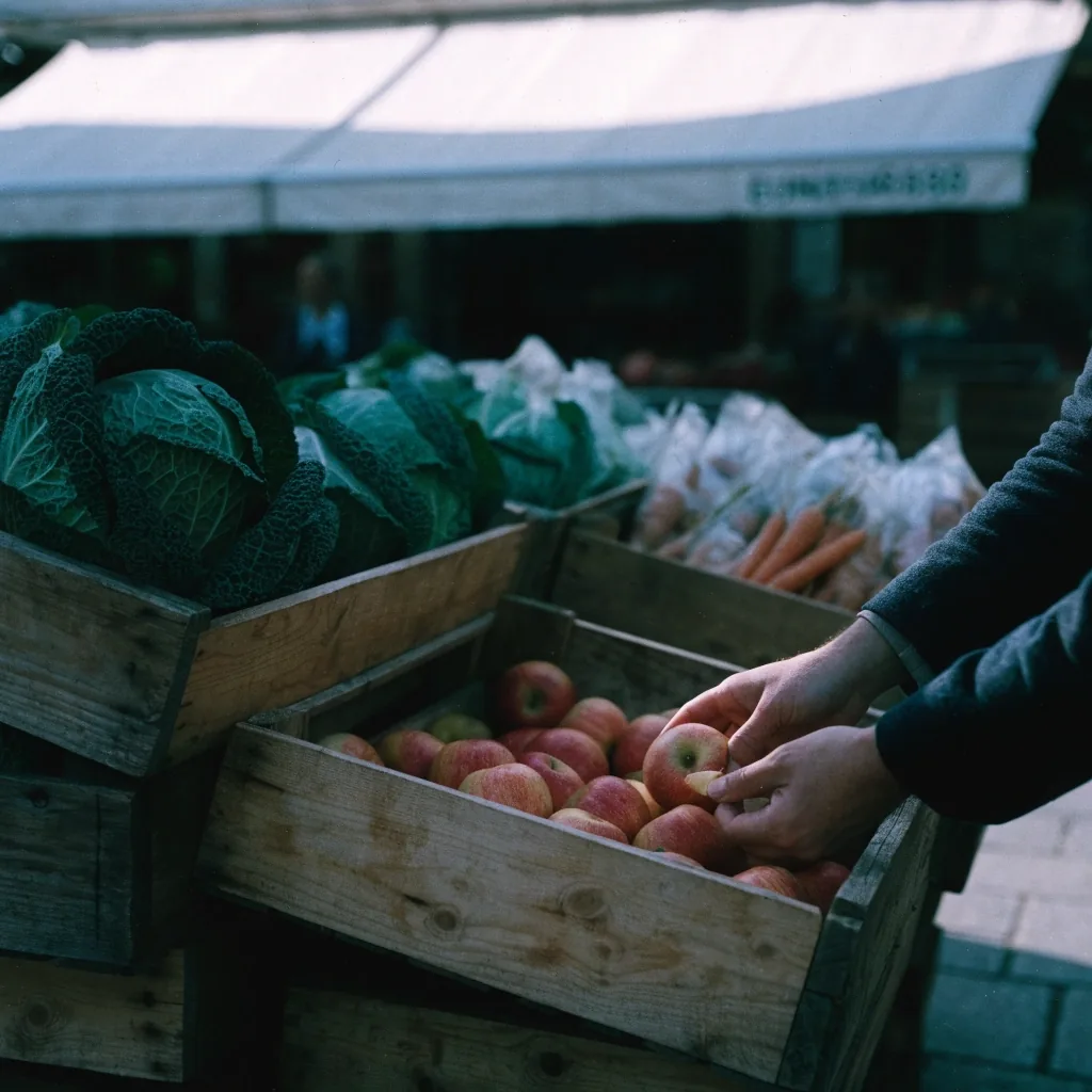 Marktstand mit Obst- und Gemüsekisten im kalten Morgenlicht