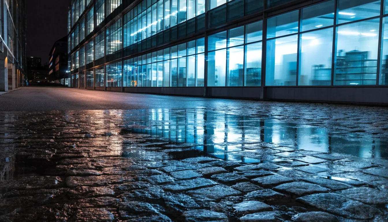 Nächtlicher Forschungscampus in Berlin mit nassem Kopfsteinpflaster und beleuchtetem Laborflügel