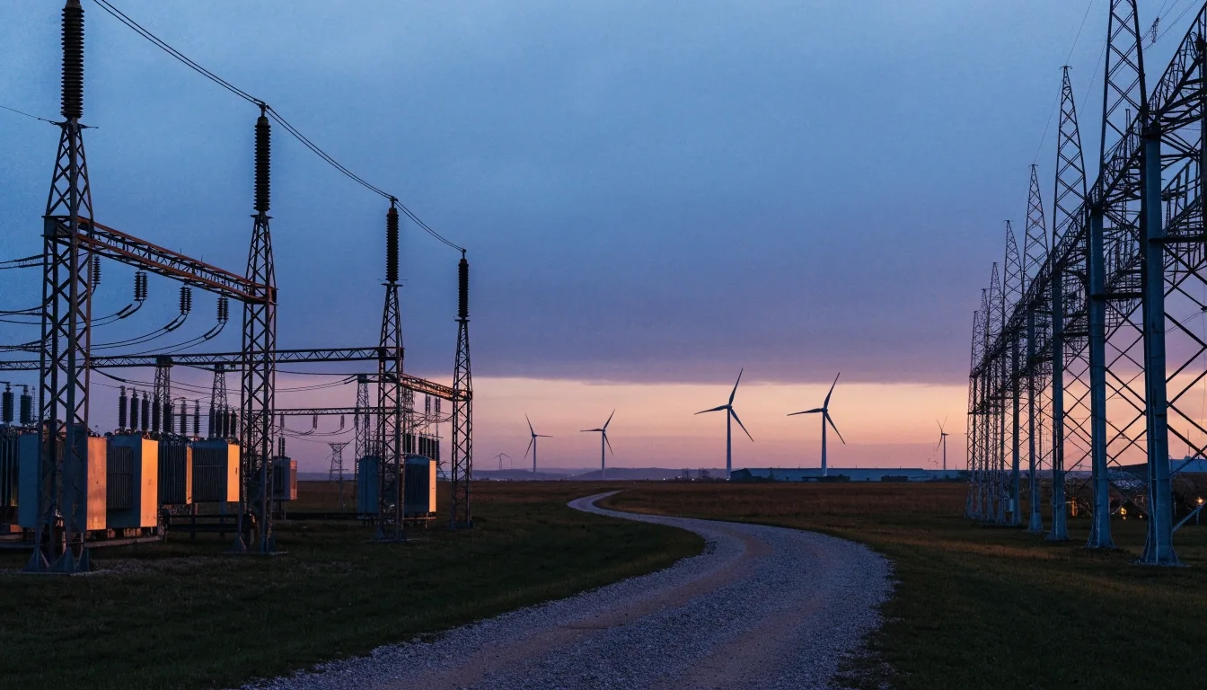 Rechenzentrum in Norddeutschland in der Abenddämmerung, Stromleitungen über Feldern