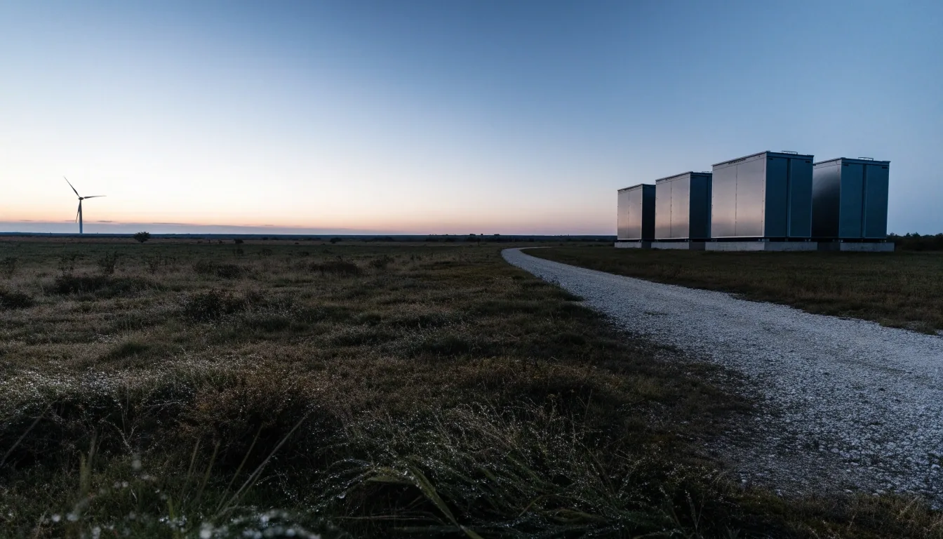 Speicher-Container und Prüffeld für Energieforschung in Norddeutschland bei Abendlicht